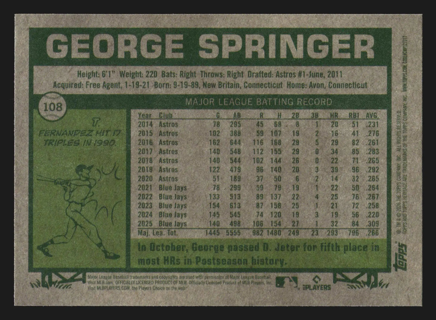 2026 Topps Heritage #108 George Springer Dark Gray Border Blue Jays