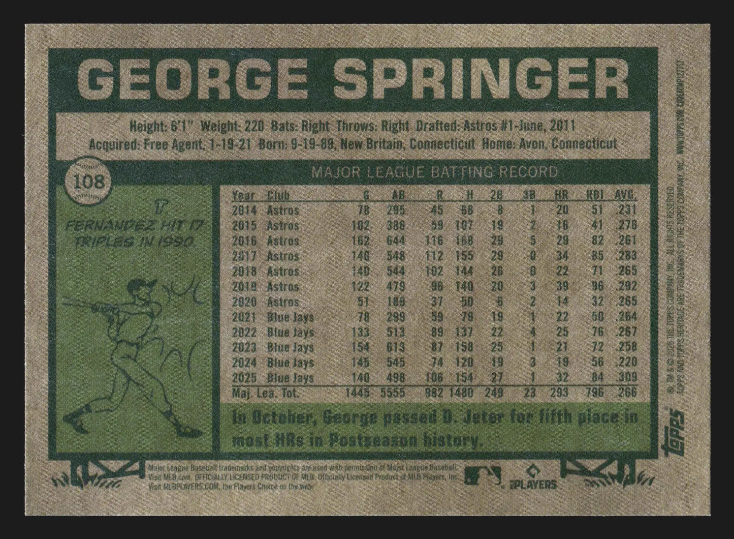 2026 Topps Heritage #108 George Springer Toronto Blue Jays