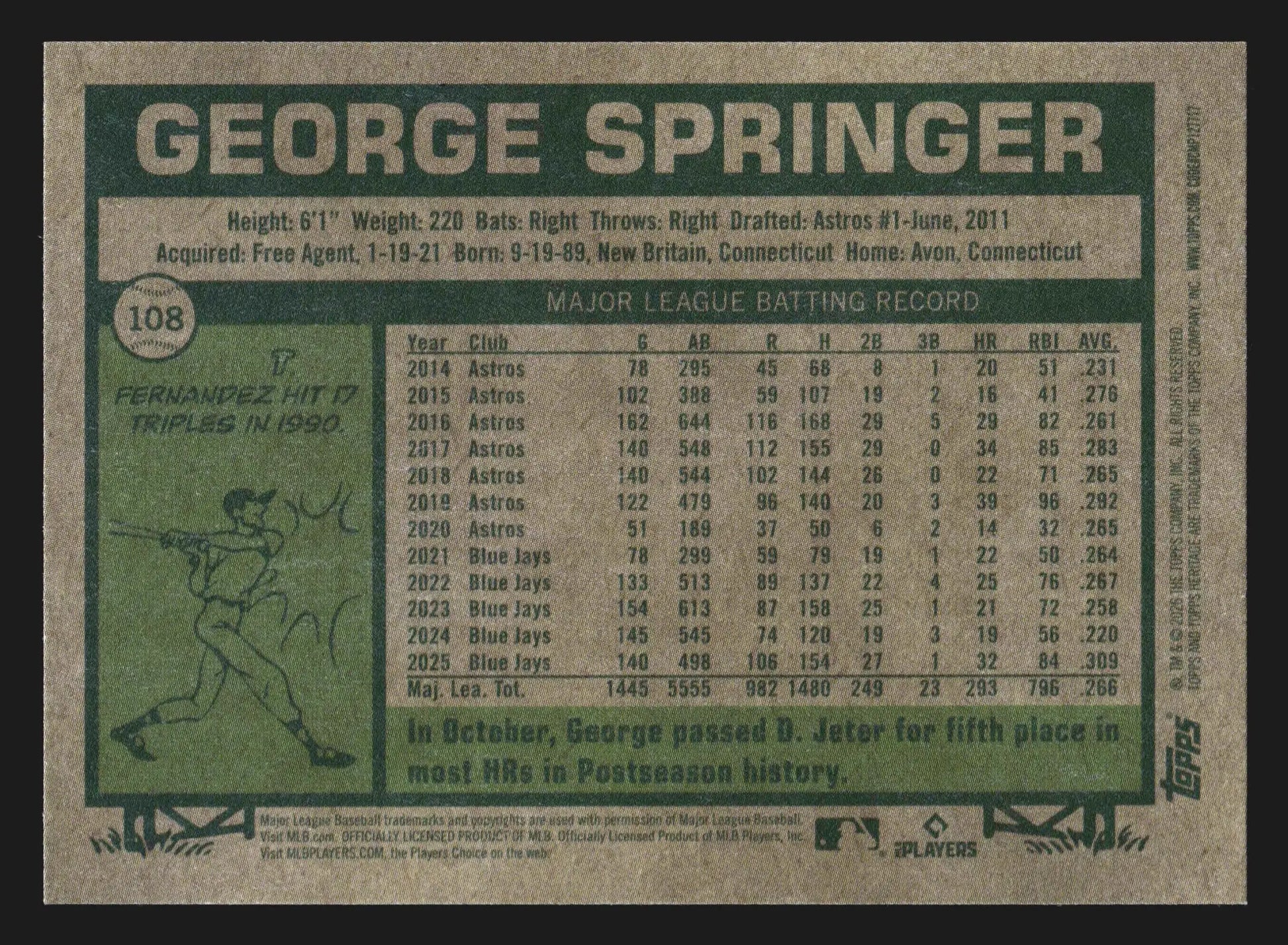 2026 Topps Heritage #108 George Springer Toronto Blue Jays