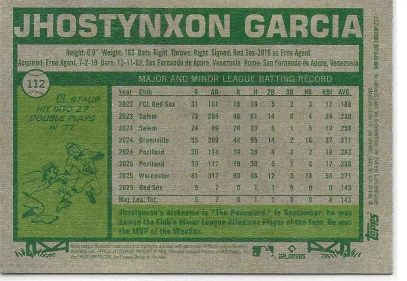 2026 Topps Heritage #112 Jhostynxon Garcia Green Bordered (C-69) - Baseball Card Single