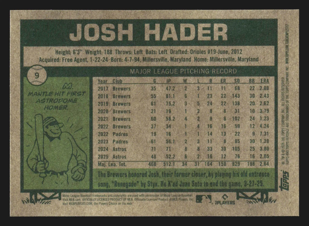 2026 Topps Heritage #9 Josh Hader Houston Astros - Baseball Card Single