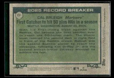 2026 Topps Heritage Cal Raleigh #231 Seattle Mariners - Baseball Card Single