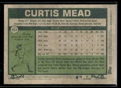 2026 Topps Heritage Curtis Mead #303 Chicago White Sox - Baseball Card Single