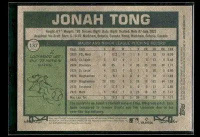 2026 Topps Heritage Jonah Tong #137 RC New York Mets - Baseball Card Single