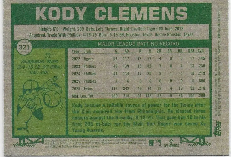 2026 Topps Heritage Kody Clemens Dark Green #321 (1103) - Baseball Card Single