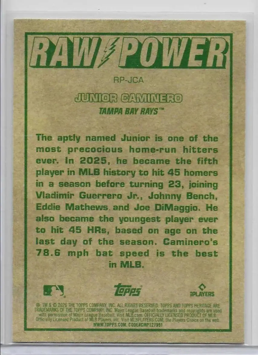 2026 Topps Heritage Raw Power RP-JCA Junior Caminero Tampa Bay Rays D-6 - Baseball Card Single