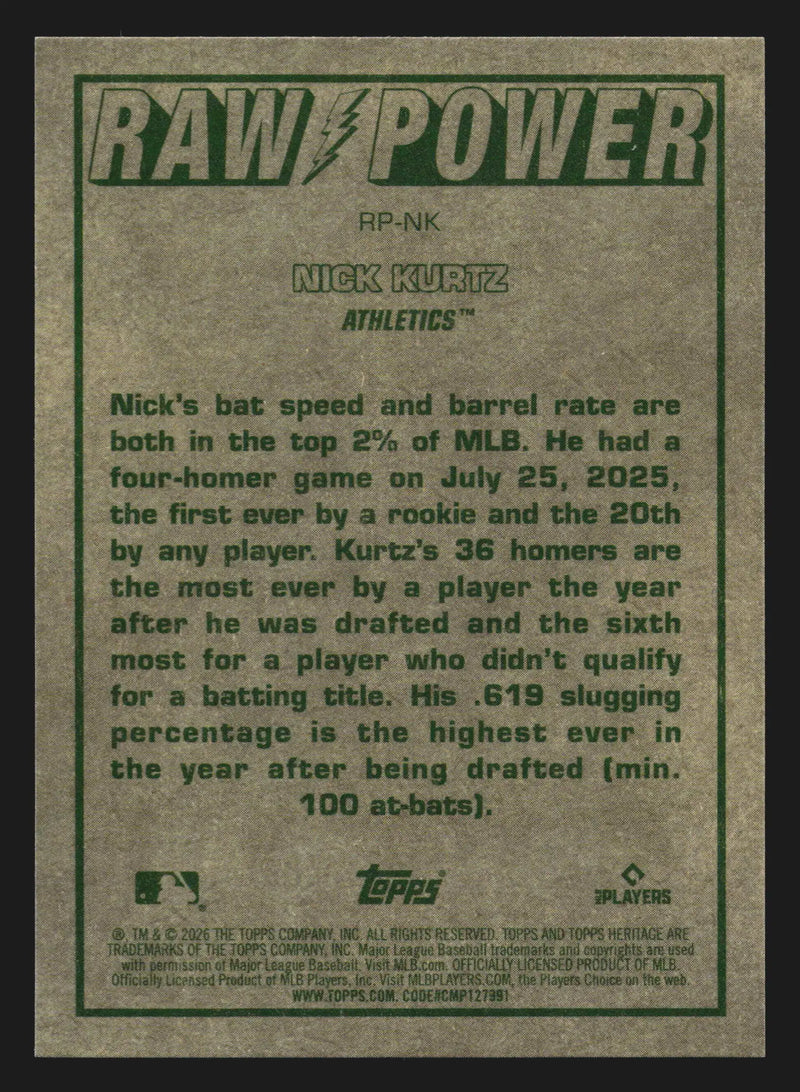 2026 Topps Heritage Raw Power #RP-NK Nick Kurtz Athletics