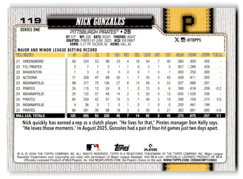 2026 Topps Holo Foil #119 Nick Gonzales NM-MT Pirates ID:81707 - Baseball Card Single
