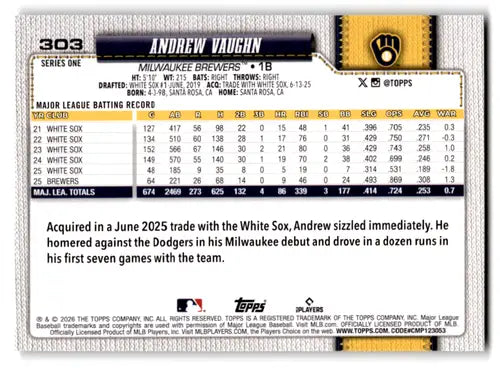 2026 Topps Holo Foil #303 Andrew Vaughn NM-MT Brewers ID:81712 - Baseball Card Single