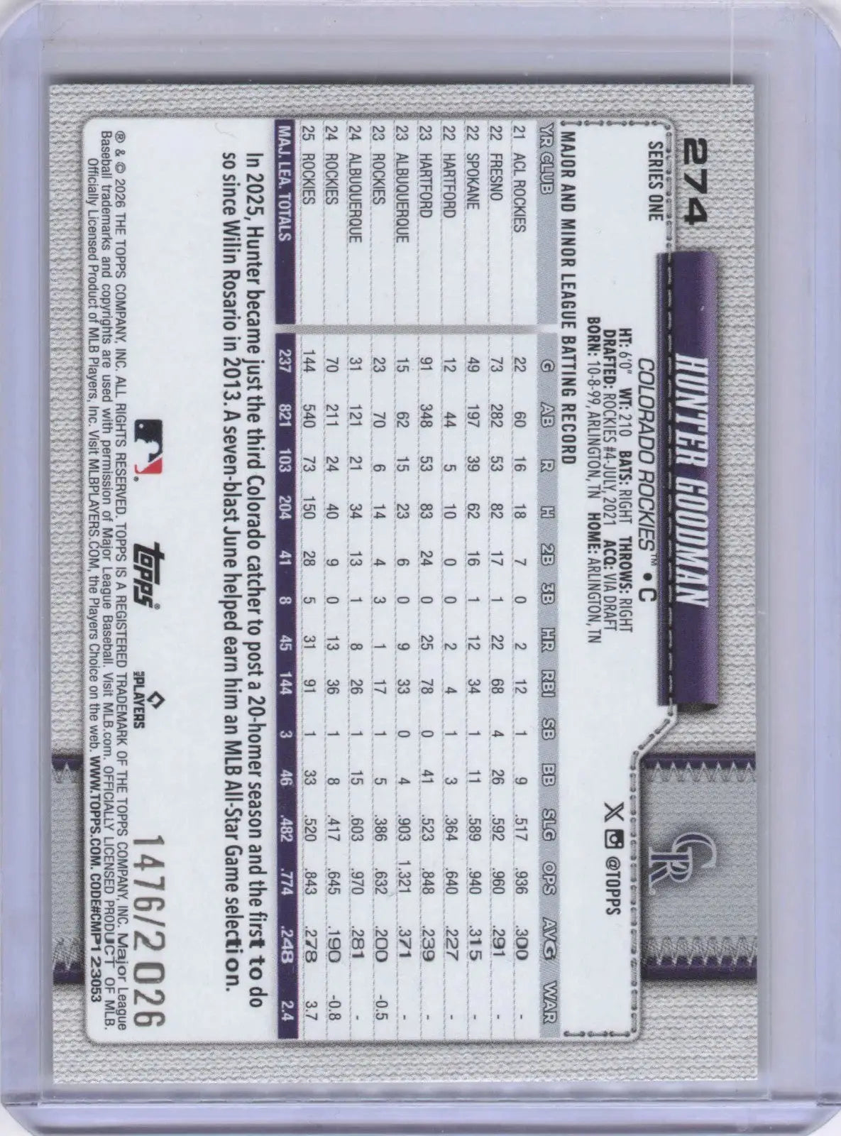 2026 Topps - Hunter Goodman #274 Gold - 1476/2026 - Rockies - Baseball Card Single