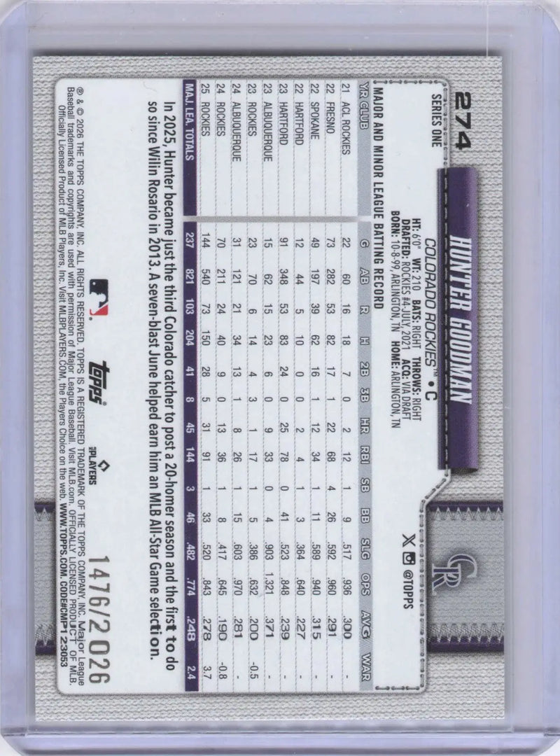 2026 Topps - Hunter Goodman #274 Gold - 1476/2026 - Rockies - Baseball Card Single
