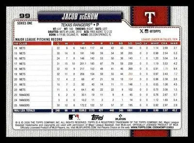 2026 Topps Jacob deGrom #99 Texas Rangers - Baseball Card Single