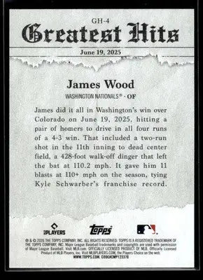 2026 Topps James Wood #GH-4 2025 Greatest Hits Washington Nationals - Baseball Card Single