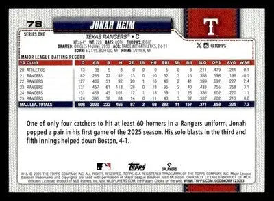 2026 Topps Jonah Heim #78 Texas Rangers - Baseball Card Single