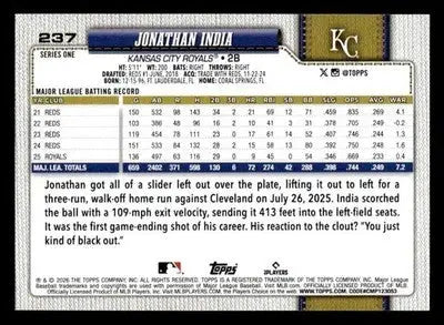 2026 Topps Jonathan India #237 Kansas City Royals - Baseball Card Single
