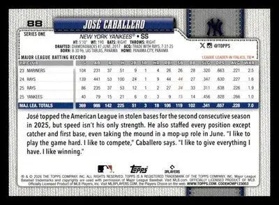 2026 Topps José Caballero #88 New York Yankees - Baseball Card Single