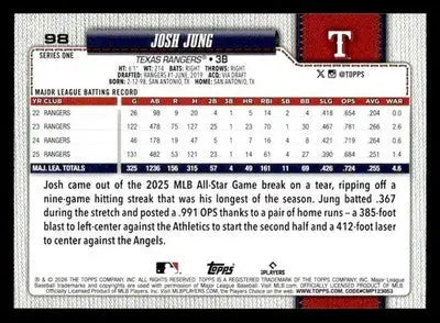 2026 Topps Josh Jung #98 Texas Rangers - Baseball Card Single