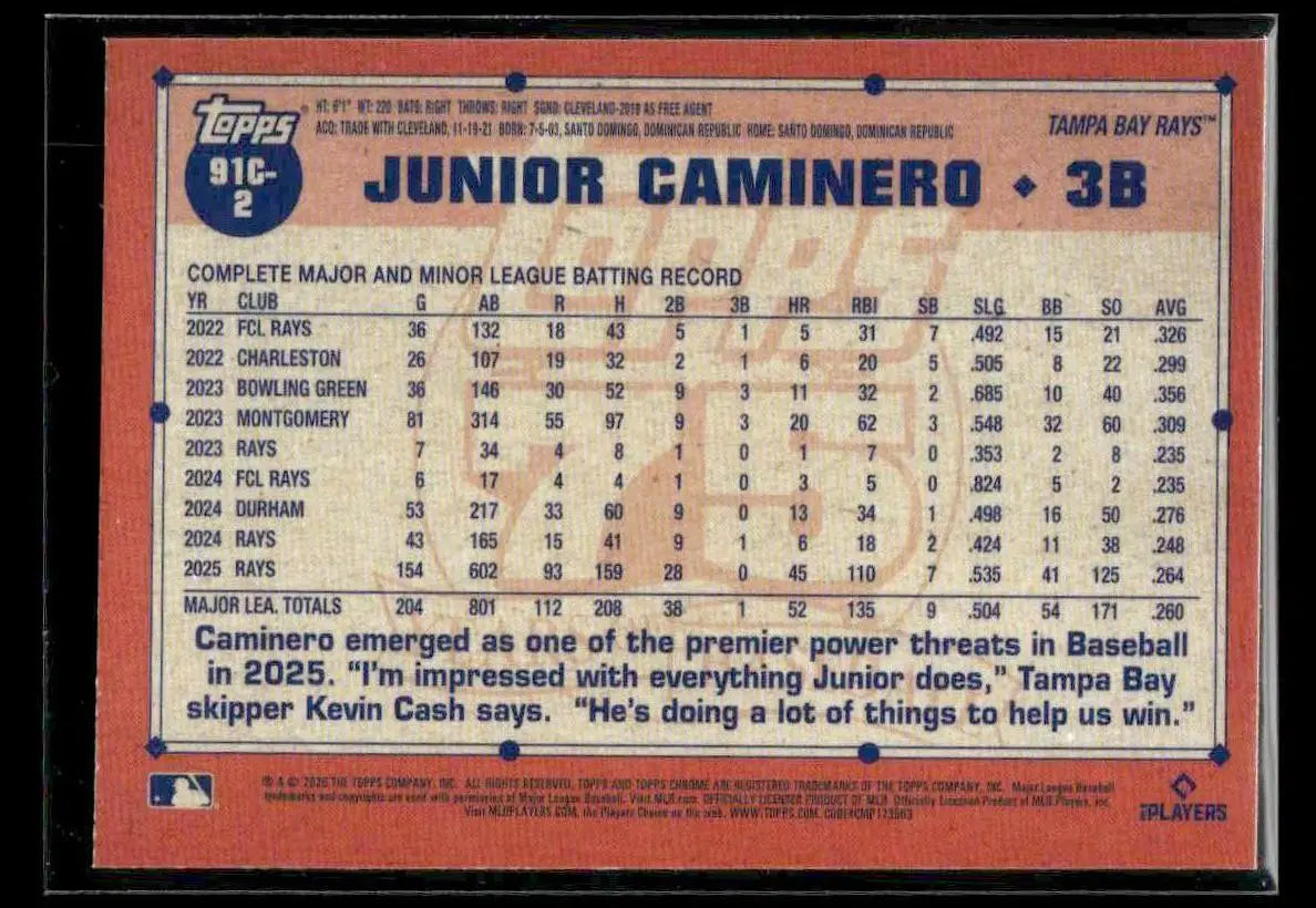 2026 Topps Junior Caminero #91C-2 1991 Topps 35th Anniv Chrome Tampa Bay Rays - Baseball Card Single