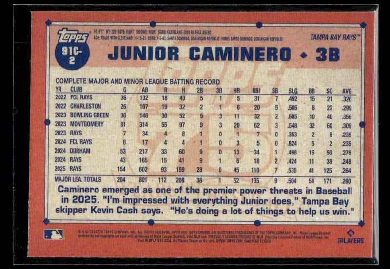 2026 Topps Junior Caminero #91C-2 1991 Topps 35th Anniv Chrome Tampa Bay Rays - Baseball Card Single