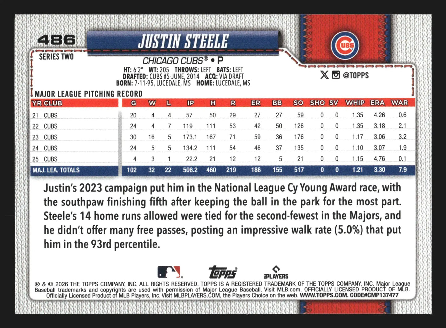 2026 Topps Justin Steele #486 Chicago Cubs - Baseball Card Single