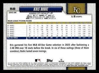 2026 Topps Kris Bubic #58 Kansas City Royals - Baseball Card Single