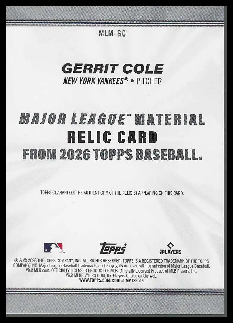 2026 Topps Major League Materials Relics (Series One) #MLM-GC Gerrit Cole