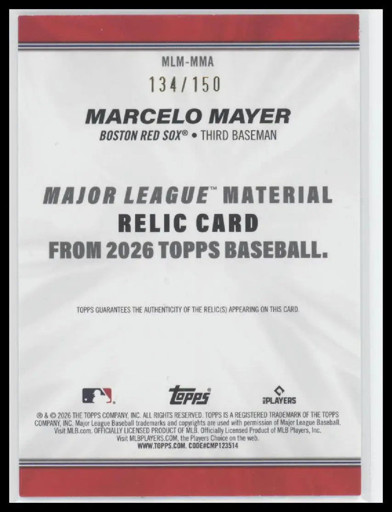 2026 Topps Marcelo Mayer #MLM-MMA Major League Mat Relics Blue #/150 Red Sox - Baseball Card Single