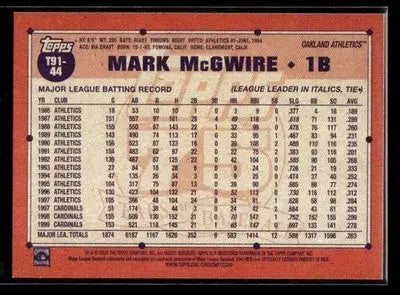 2026 Topps Mark McGwire #T91-44 1991 Topps 35th Anniversary Oakland Athletics - Baseball Card Single