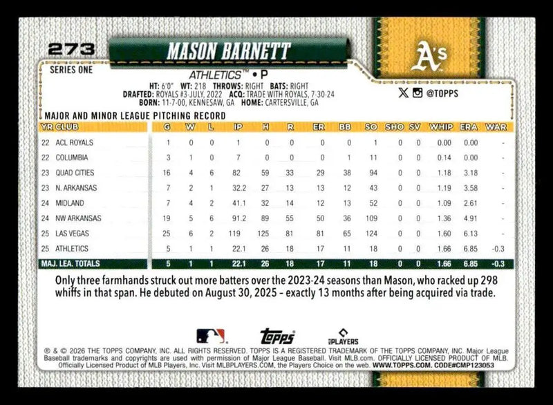 2026 Topps Mason Barnett #273 RC Athletics - Baseball Card Single