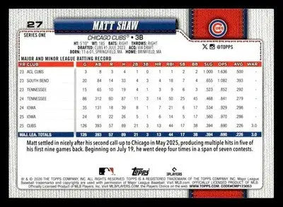 2026 Topps Matt Shaw #27 Chicago Cubs - Baseball Card Single