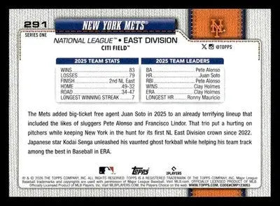 2026 Topps New York Mets #291 New York Mets - Baseball Card Single