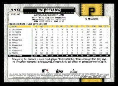 2026 Topps Nick Gonzales #119 Pittsburgh Pirates - Baseball Card Single
