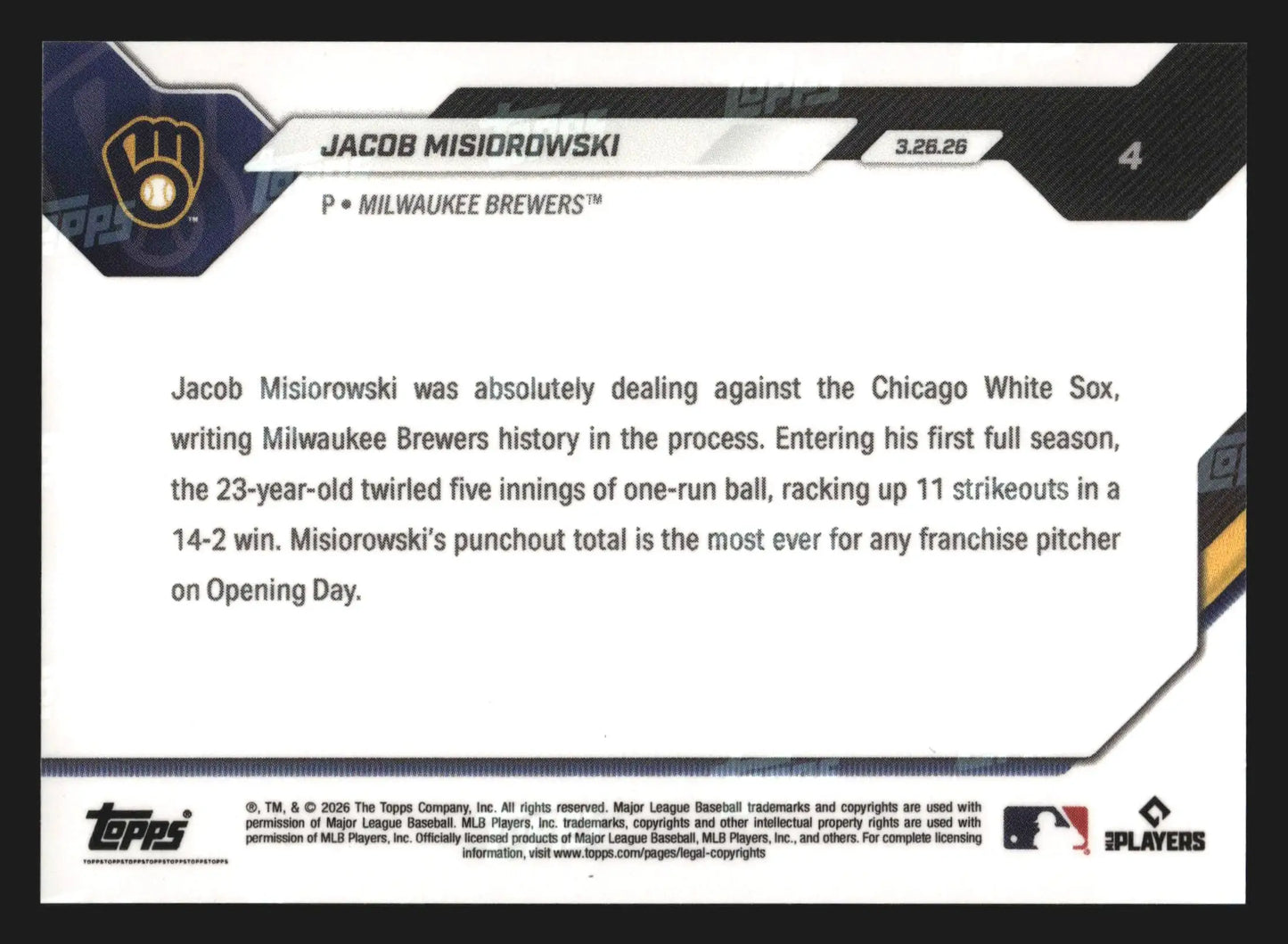 2026 Topps Now #4 Jacob Misiorowski Brewers RC 11 Ks Opening Day Record - Baseball Card Single