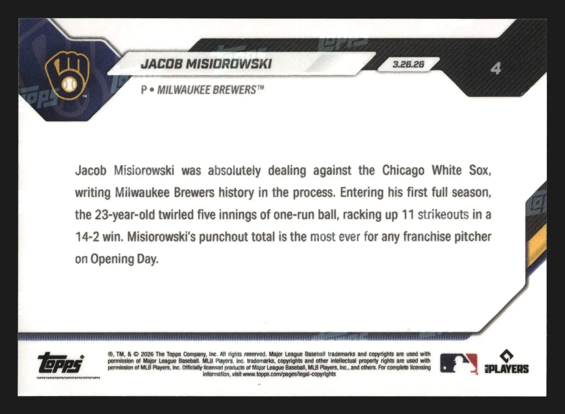 2026 Topps Now #4 Jacob Misiorowski Brewers RC 11 Ks Opening Day Record - Baseball Card Single