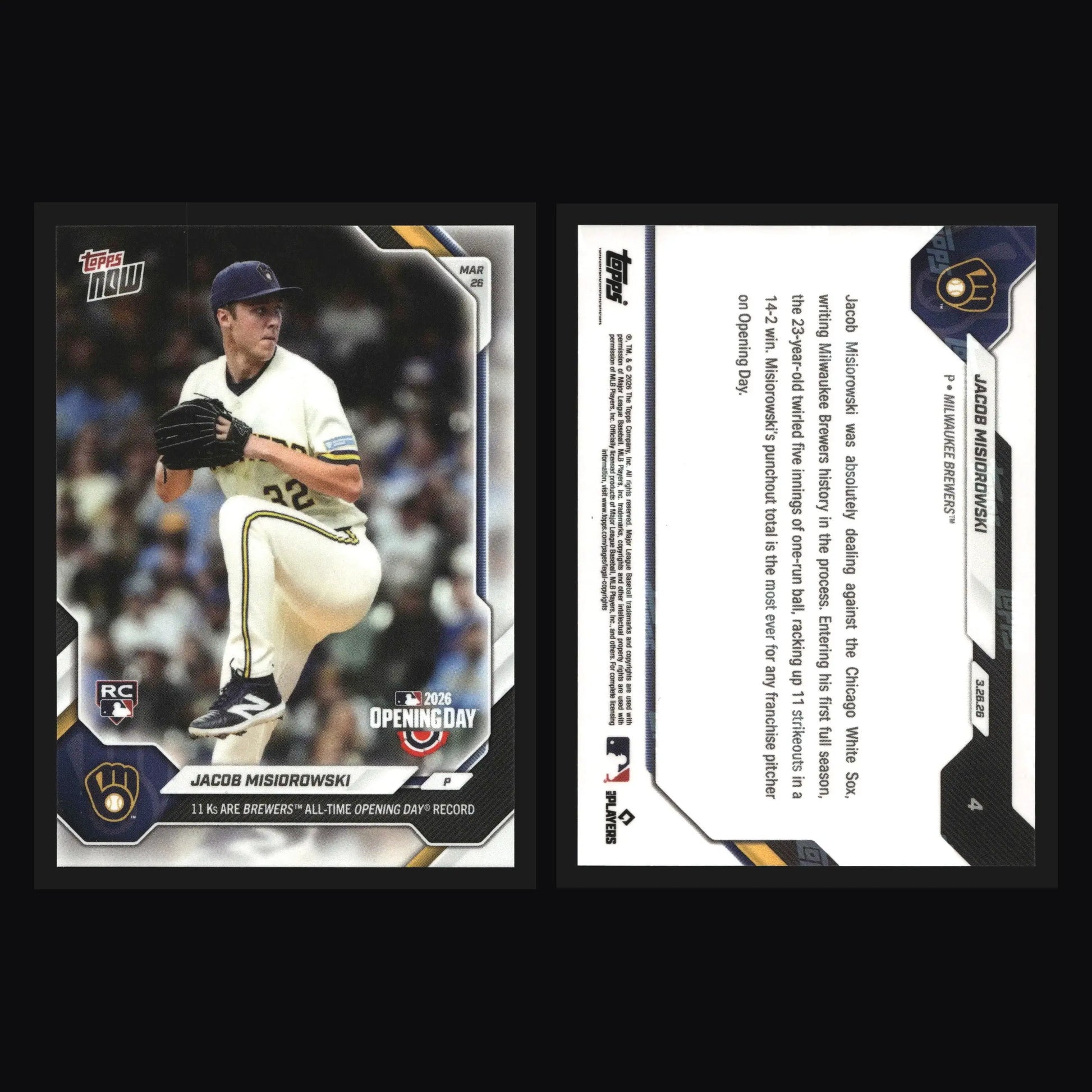 2026 Topps Now #4 Jacob Misiorowski Brewers RC 11 Ks Opening Day Record - Baseball Card Single