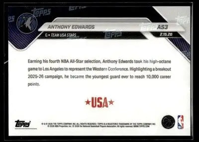 2026 Topps Now All-Star Game Anthony Edwards #AS3 PR 4967 Minnesota Timberwolves - Basketball Card Single