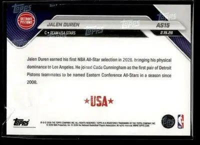 2026 Topps Now All-Star Game Jalen Duren #AS15 PR 4967 Detroit Pistons - Basketball Card Single