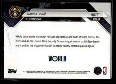 2026 Topps Now All-Star Game Nikola Jokic #AS17 Denver Nuggets - Basketball Card Single