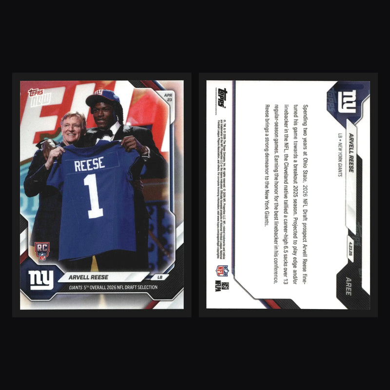 2026 Topps NOW #AREE Arvell Reese Giants 5th Overall Pick RC