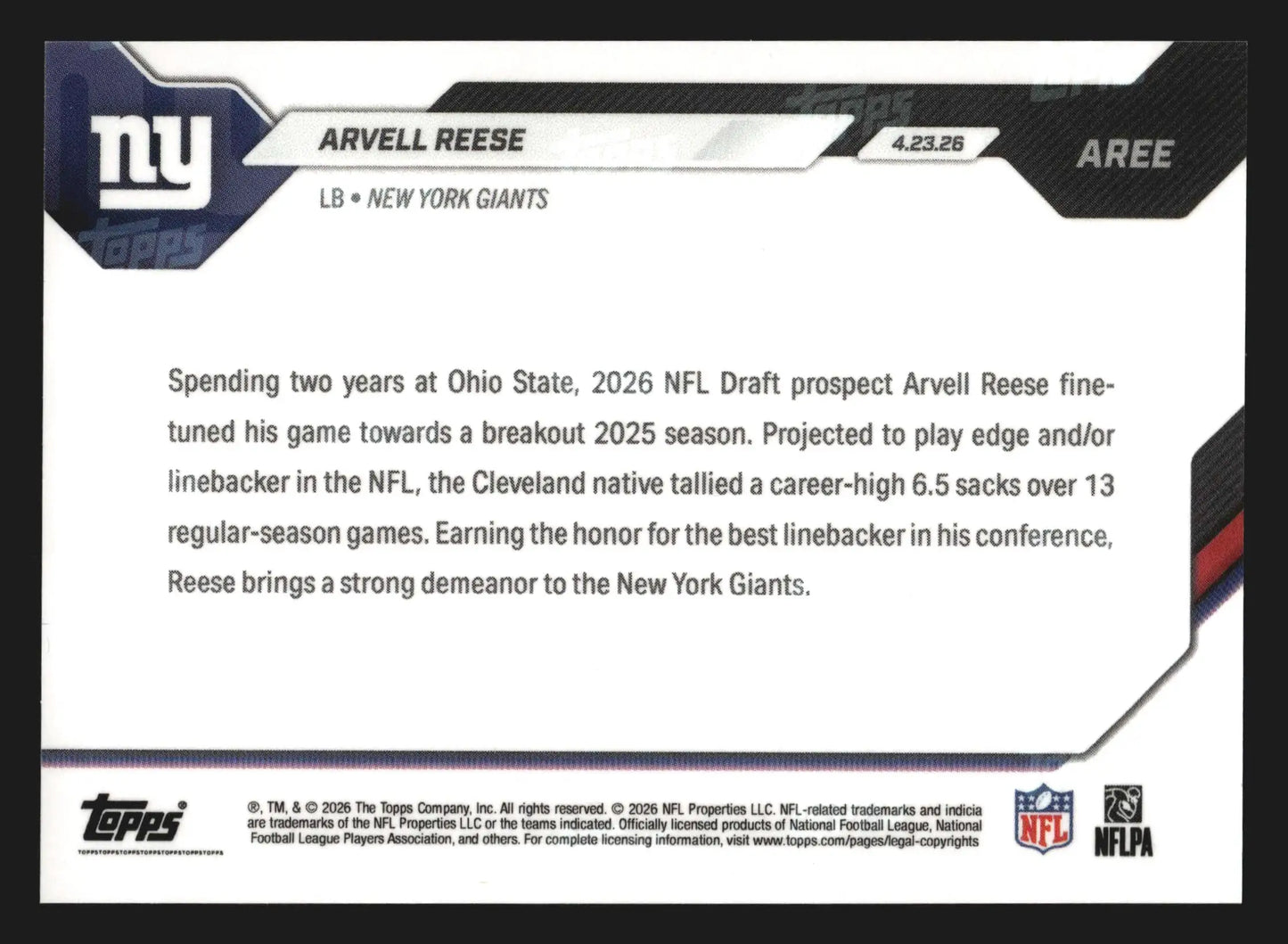 2026 Topps NOW #AREE Arvell Reese Giants 5th Overall Pick RC