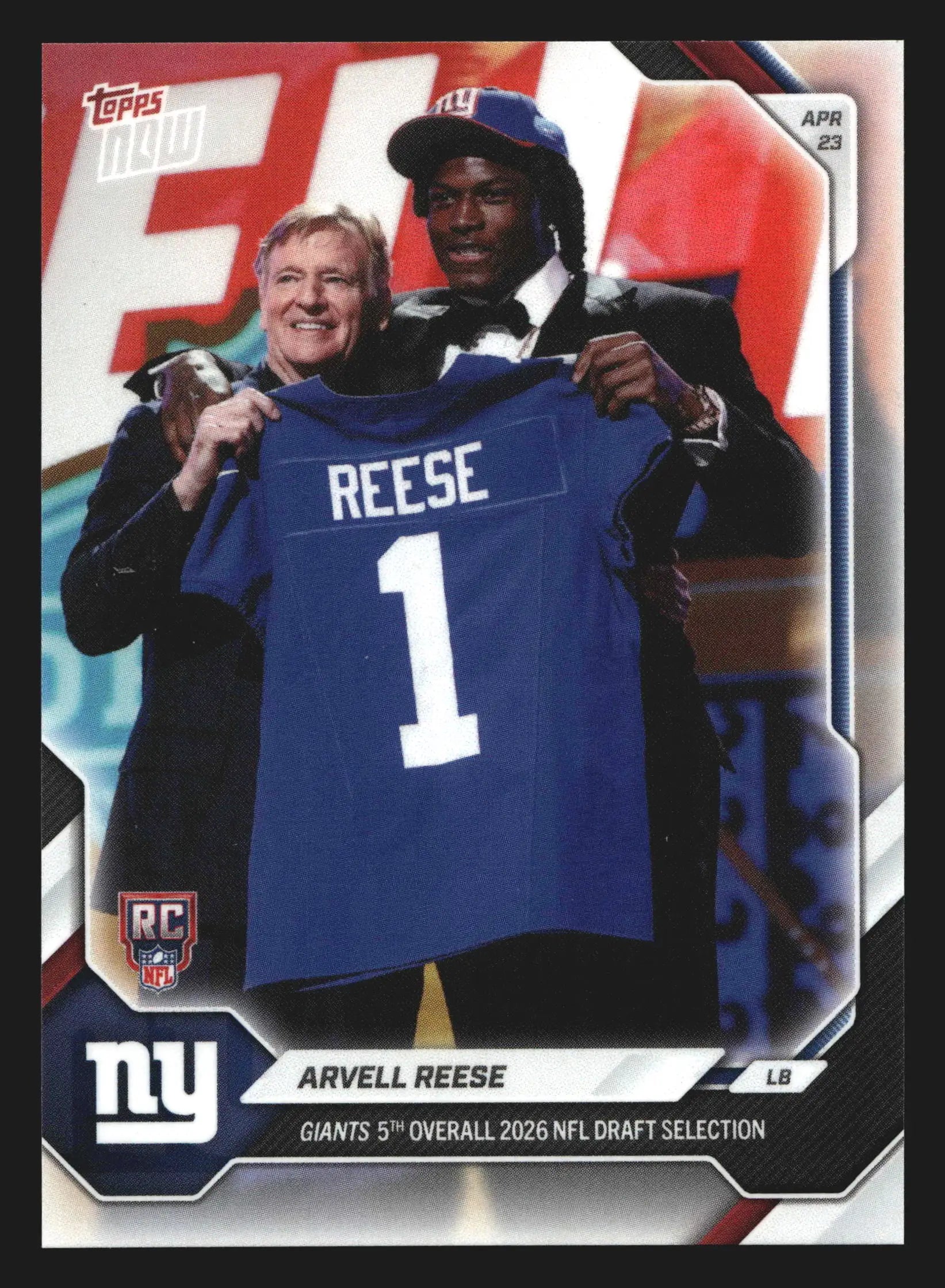2026 Topps NOW #AREE Arvell Reese Giants 5th Overall Pick RC