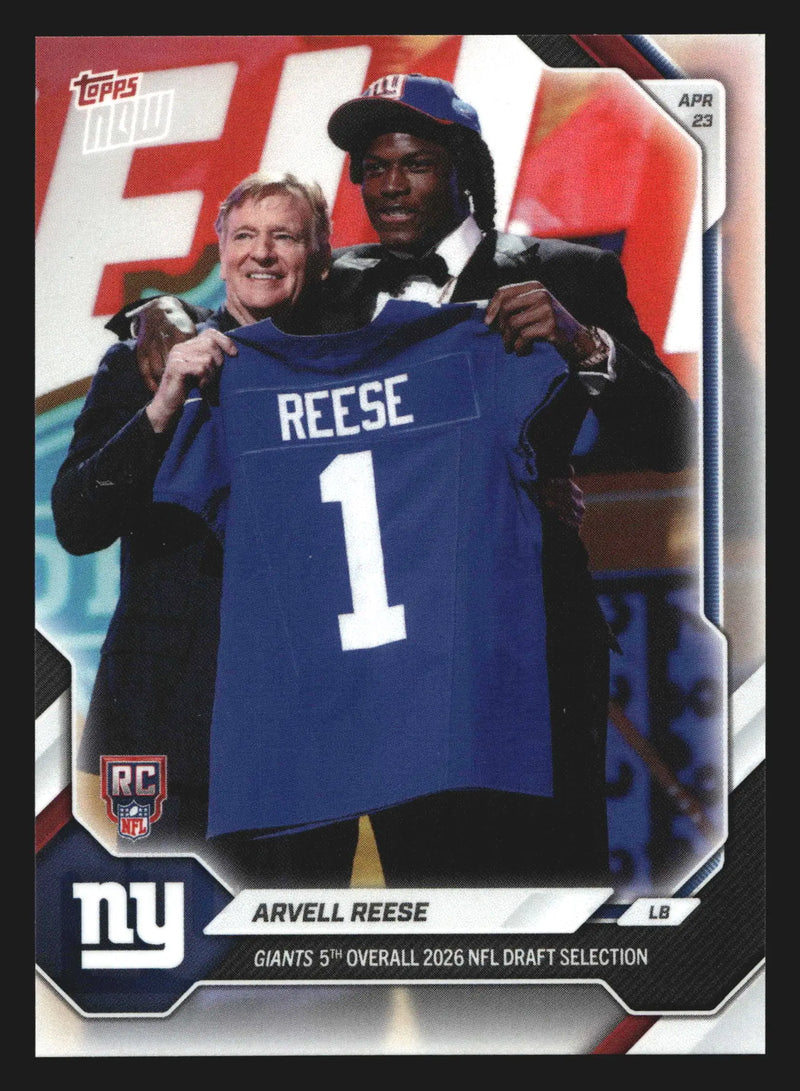 2026 Topps NOW #AREE Arvell Reese Giants 5th Overall Pick RC