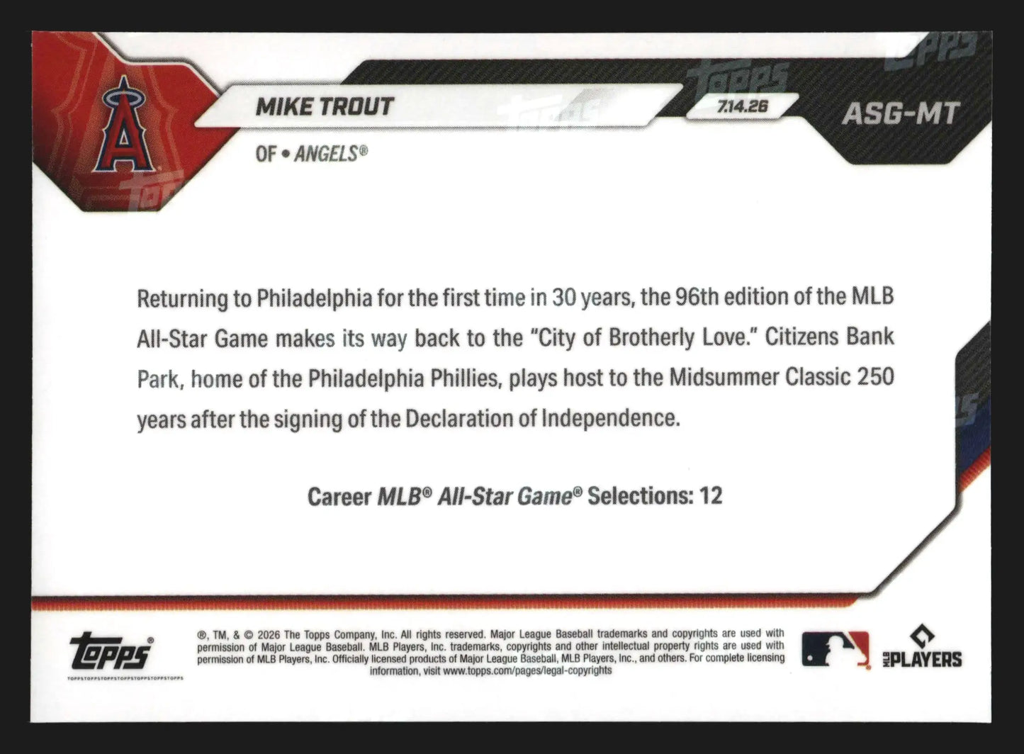 2026 Topps NOW #ASG-MT Mike Trout Angels All-Star Game Selection AL - Baseball Card Single