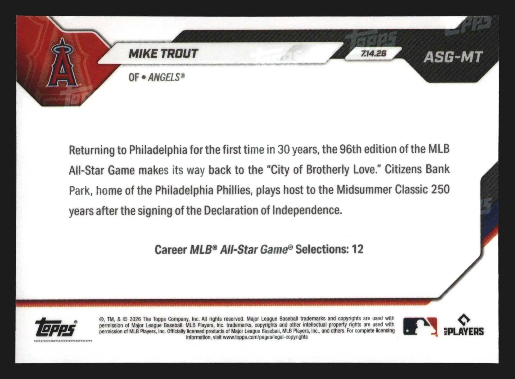 2026 Topps NOW #ASG-MT Mike Trout Angels All-Star Game Selection AL - Baseball Card Single