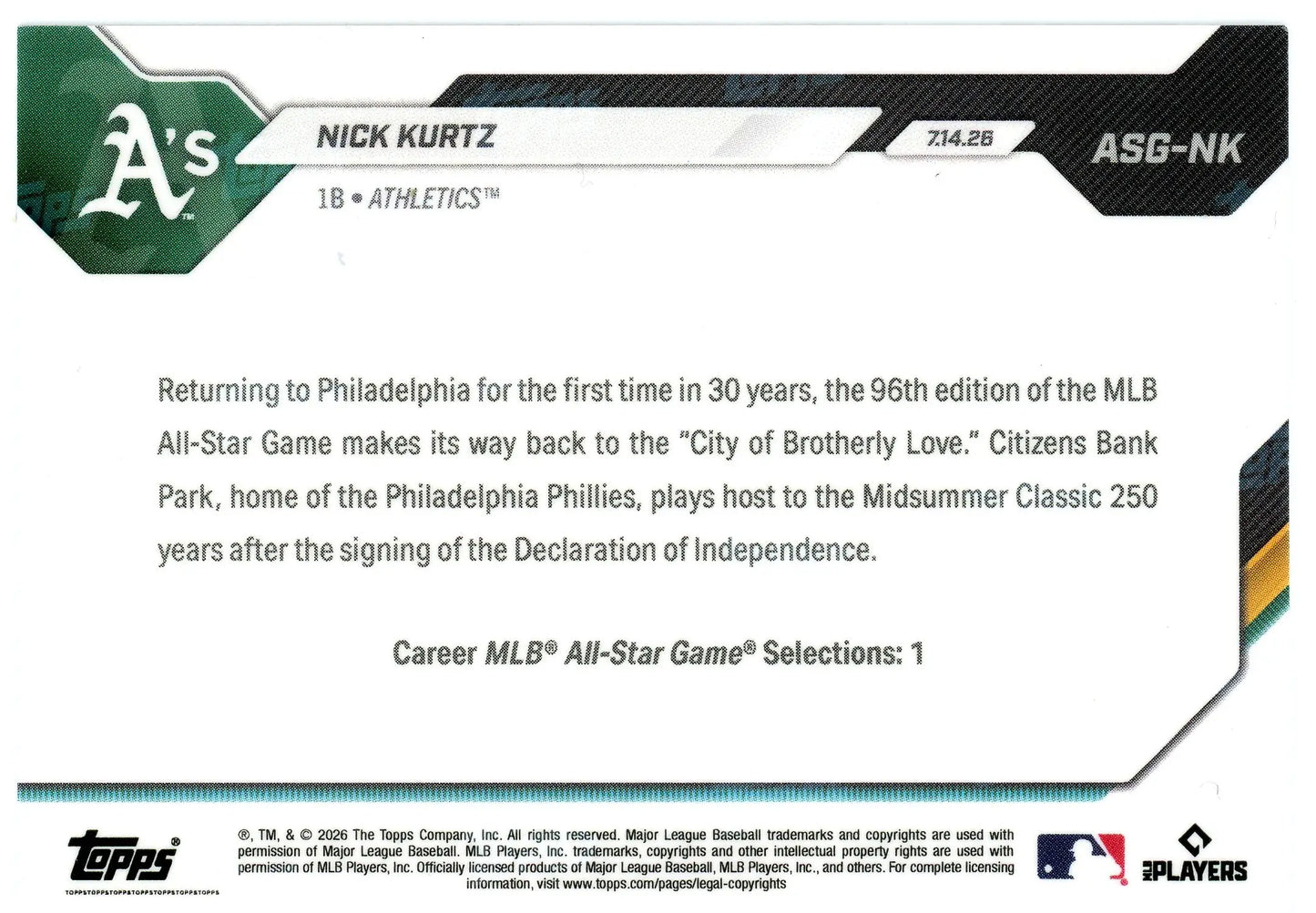 2026 Topps NOW #ASG-NK Nick Kurtz Athletics Logofractor All-Star AL - Baseball Card Single