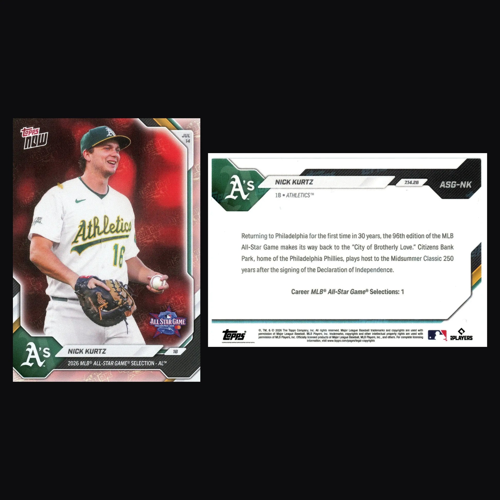 2026 Topps NOW #ASG-NK Nick Kurtz Athletics Logofractor All-Star AL - Baseball Card Single