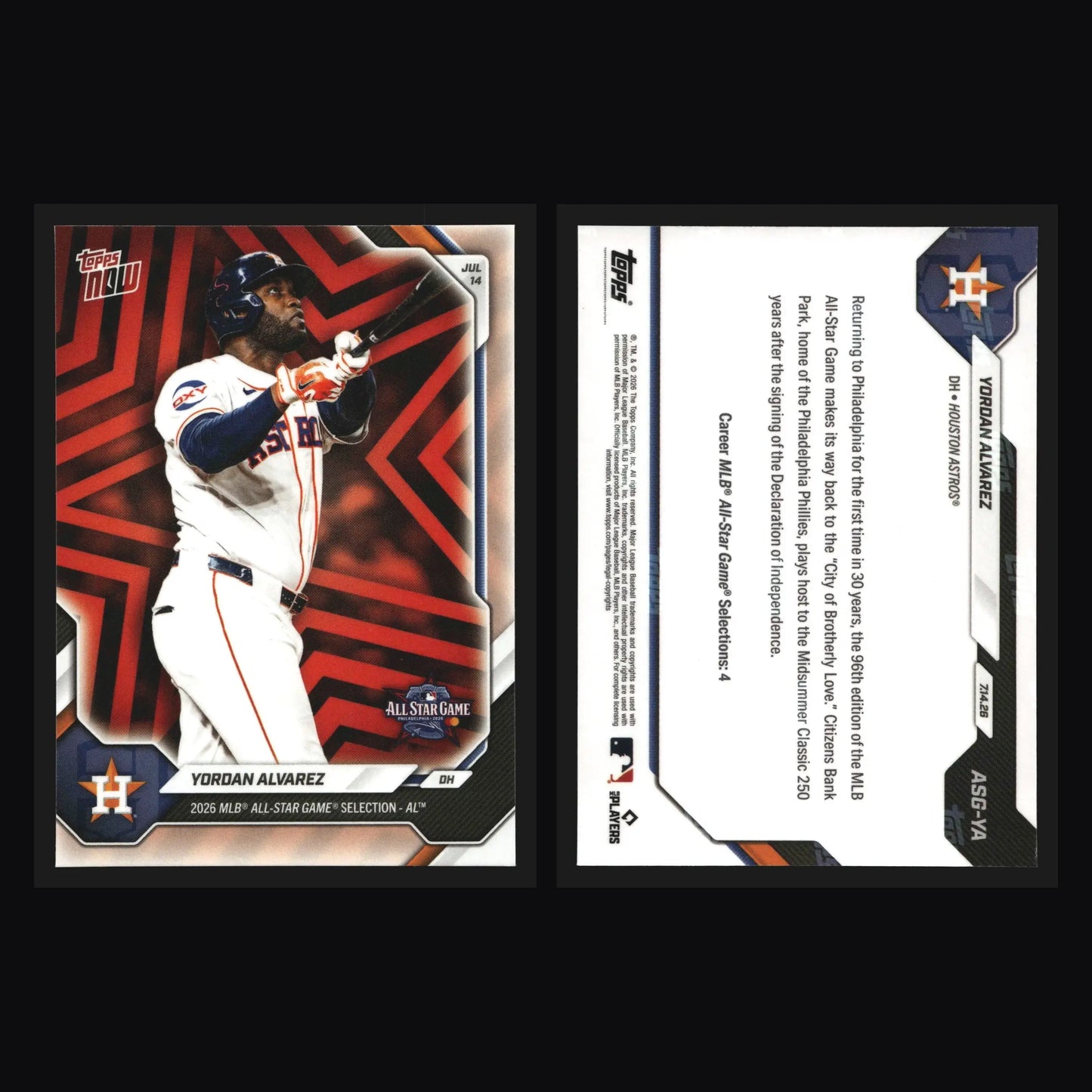 2026 Topps NOW #ASG-YA Yordan Alvarez Astros All-Star Game Selection AL - Baseball Card Single
