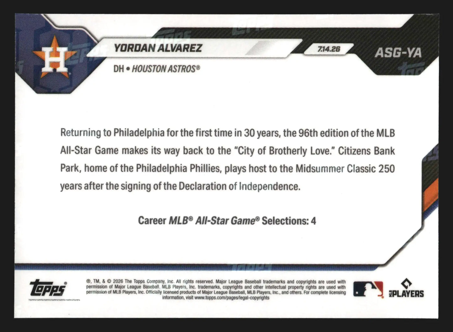 2026 Topps NOW #ASG-YA Yordan Alvarez Astros All-Star Game Selection AL - Baseball Card Single