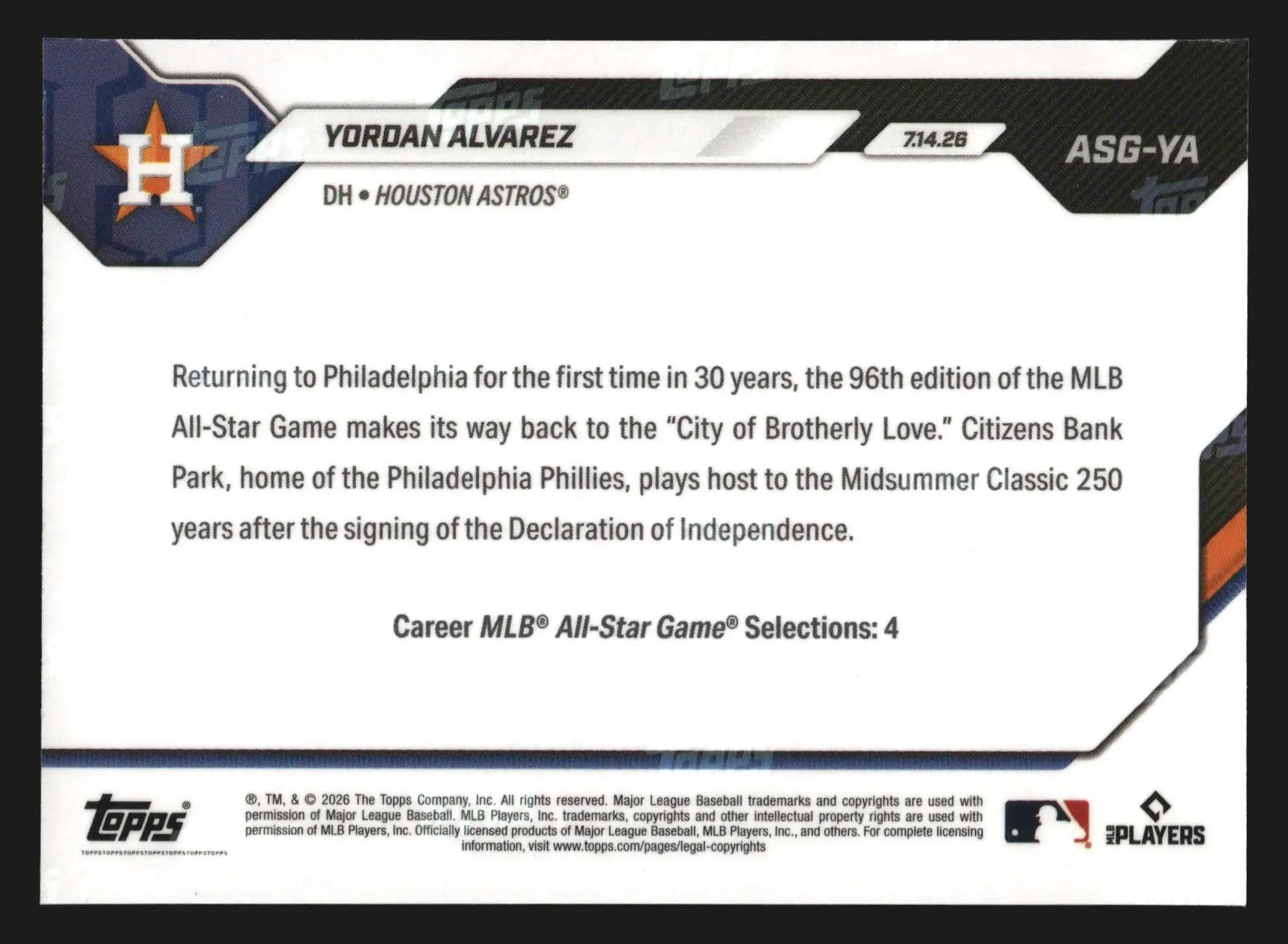 2026 Topps NOW #ASG-YA Yordan Alvarez Astros All-Star Game Selection AL - Baseball Card Single