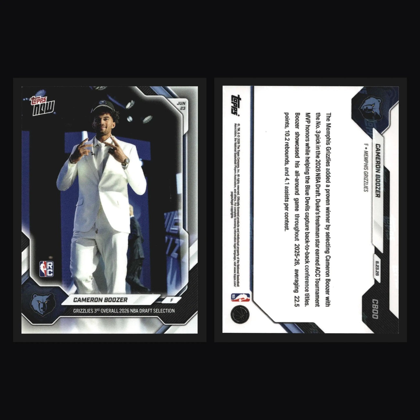 2026 Topps NOW #CBOO Cameron Boozer Grizzlies 3rd Overall Pick RC